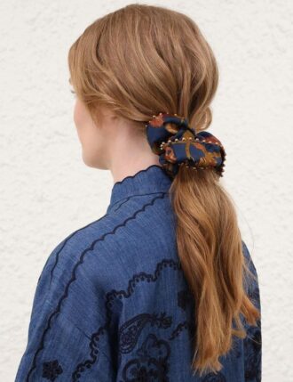 Beaded Printed Silk Scrunchie Navy Jacobean Online
