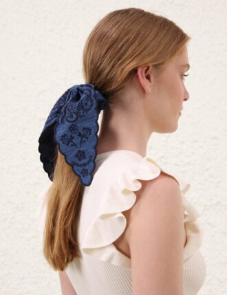 Embroidered Tie Scrunchie Railway Blue Online Embroidered Tie Scrunchie Railway Blue Online