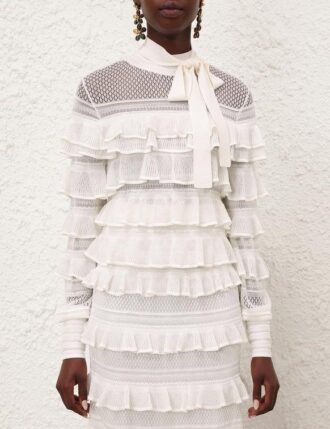 Luna Lace Frill Tie Neck Top Ivory Online