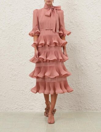 Pleated Sleeved Midi Dress Lipstick Online
