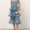 Pleated Tiered Midi Dress Deep Blue Online Pleated Tiered Midi Dress Deep Blue Online