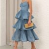 Pleated Tiered Midi Dress Deep Blue Online Pleated Tiered Midi Dress Deep Blue Online