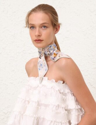 Printed Silk Ribbon Scarf Blue Songbird Online Printed Silk Ribbon Scarf Blue Songbird Online