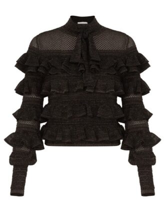 Rebellion Frill Tie Neck Top Metallic Black Online Rebellion Frill Tie Neck Top Metallic Black Online
